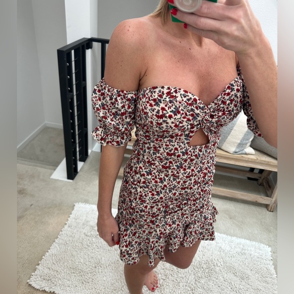 Blush white red off the shoulder floral flowy casual summer vacation mini dres M - Picture 4 of 9